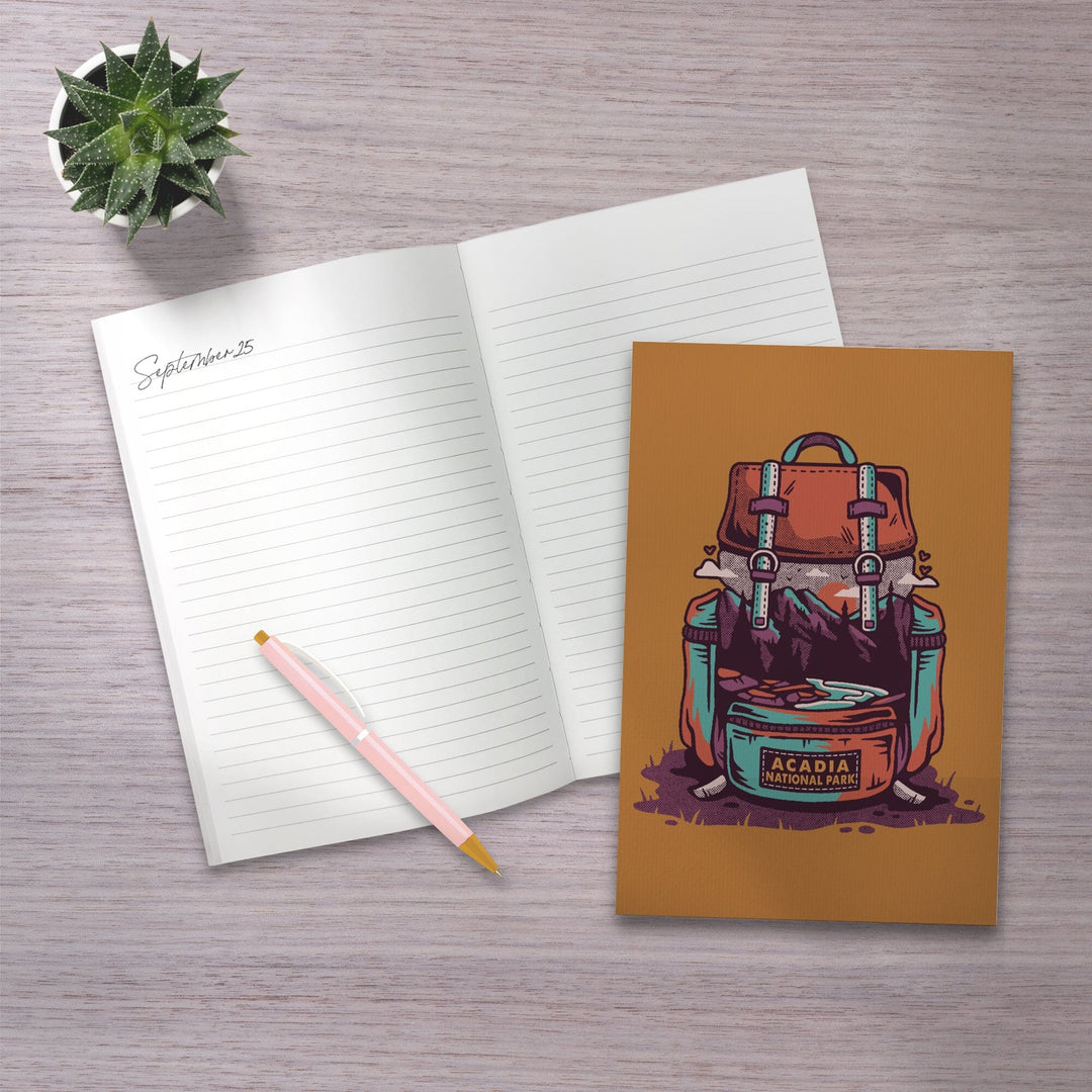 Lined 6x9 Journal, Acadia National Park, Maine, Backpack, Wander More, Distressed Vector, Lay Flat, 193 Pages, FSC paper Home Lantern Press
