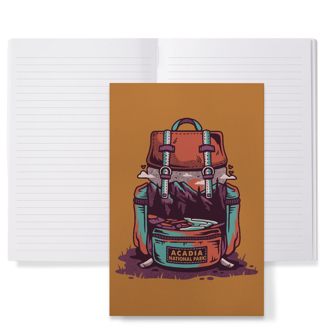 Lined 6x9 Journal, Acadia National Park, Maine, Backpack, Wander More, Distressed Vector, Lay Flat, 193 Pages, FSC paper Home Lantern Press
