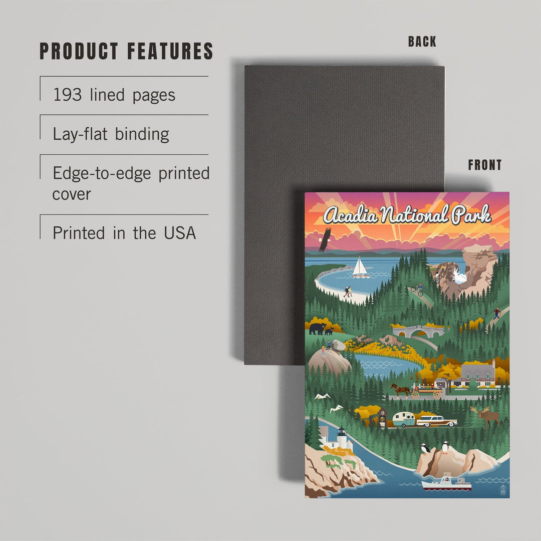 Lined 6x9 Journal, Acadia National Park, Maine, Retro View, Lay Flat, 193 Pages, FSC paper Home Lantern Press