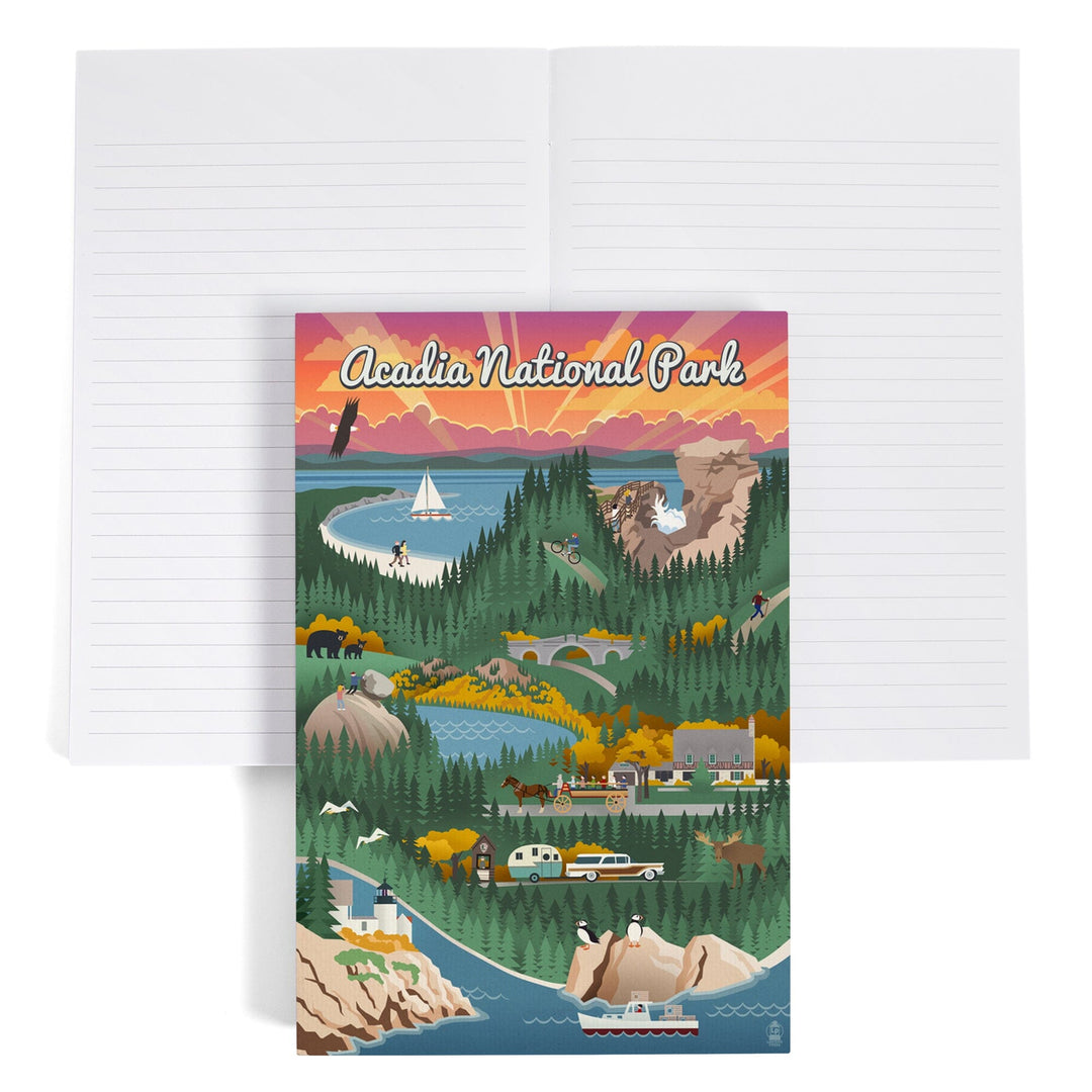 Lined 6x9 Journal, Acadia National Park, Maine, Retro View, Lay Flat, 193 Pages, FSC paper Home Lantern Press