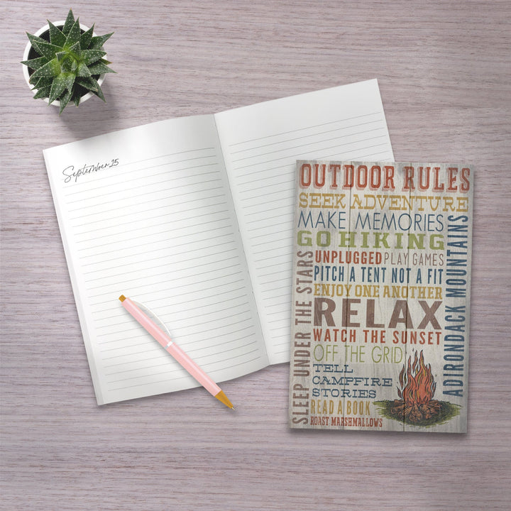 Lined 6x9 Journal, Adirondack Mountains, New York, Outdoor Rules, Rustic Typography, Lay Flat, 193 Pages, FSC paper Home Lantern Press