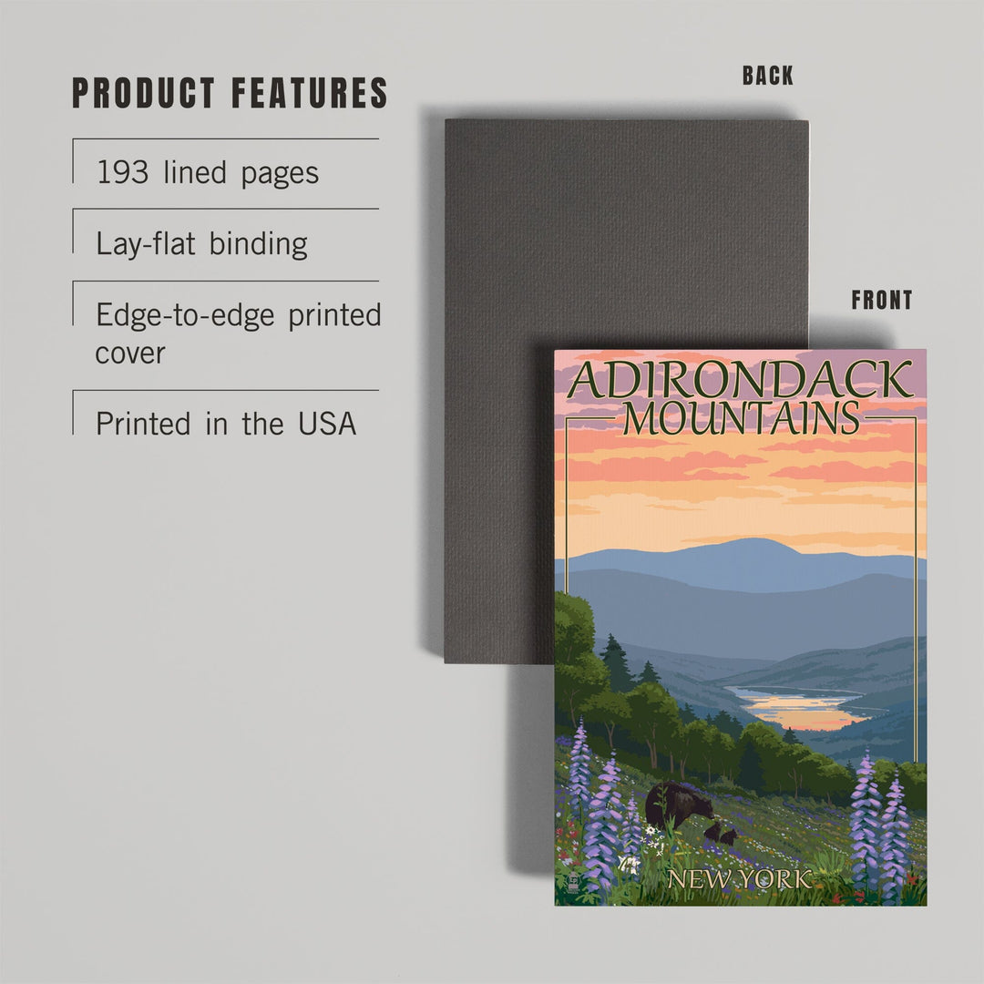 Lined 6x9 Journal, Adirondacks Mountains, New York State, Bears and Spring Flowers, Lay Flat, 193 Pages, FSC paper Home Lantern Press