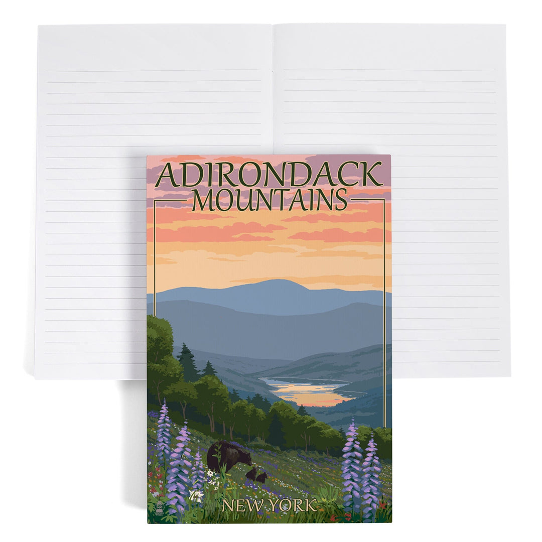 Lined 6x9 Journal, Adirondacks Mountains, New York State, Bears and Spring Flowers, Lay Flat, 193 Pages, FSC paper Home Lantern Press