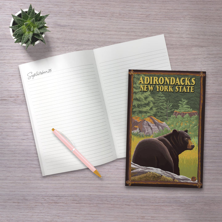 Lined 6x9 Journal, Adirondacks, New York, Black Bear in Forest, Lay Flat, 193 Pages, FSC paper Home Lantern Press