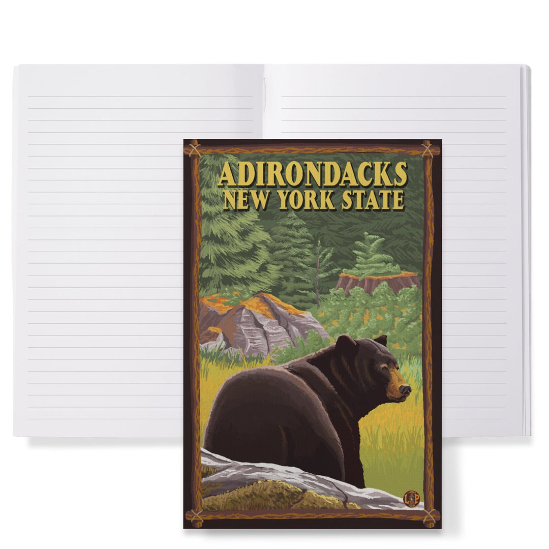 Lined 6x9 Journal, Adirondacks, New York, Black Bear in Forest, Lay Flat, 193 Pages, FSC paper Home Lantern Press