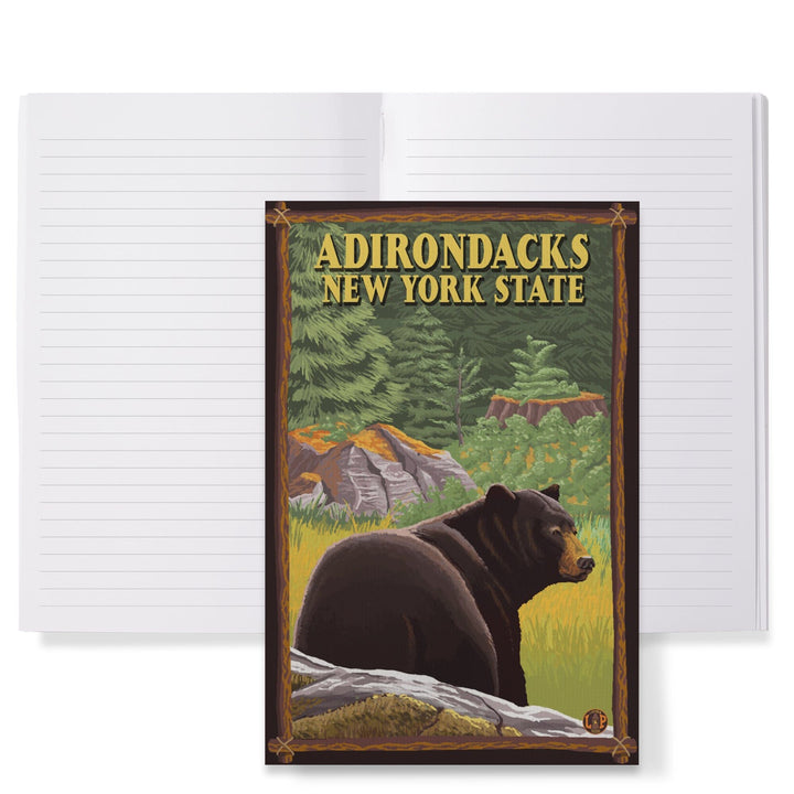 Lined 6x9 Journal, Adirondacks, New York, Black Bear in Forest, Lay Flat, 193 Pages, FSC paper Home Lantern Press
