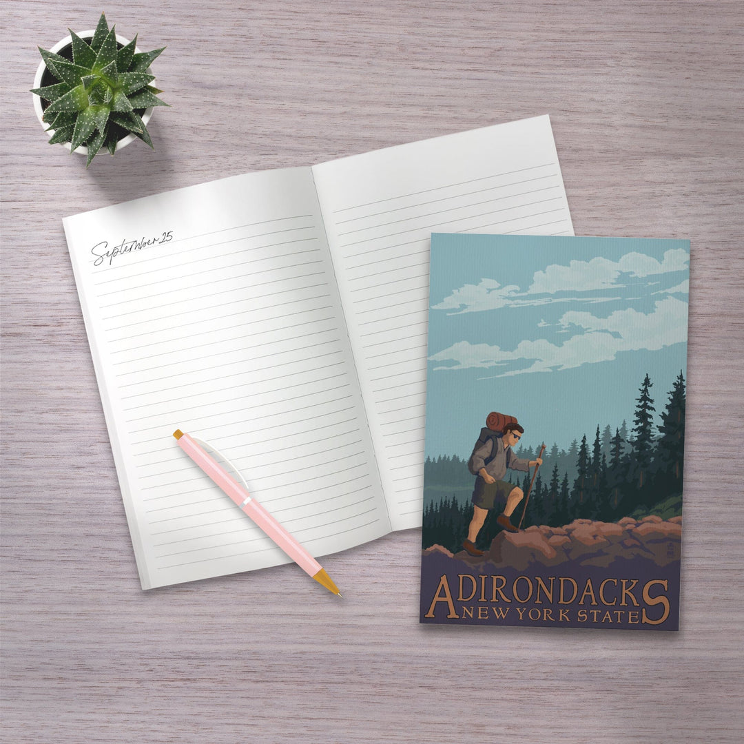 Lined 6x9 Journal, Adirondacks, New York, Hiker on Mountain, Lay Flat, 193 Pages, FSC paper Home Lantern Press