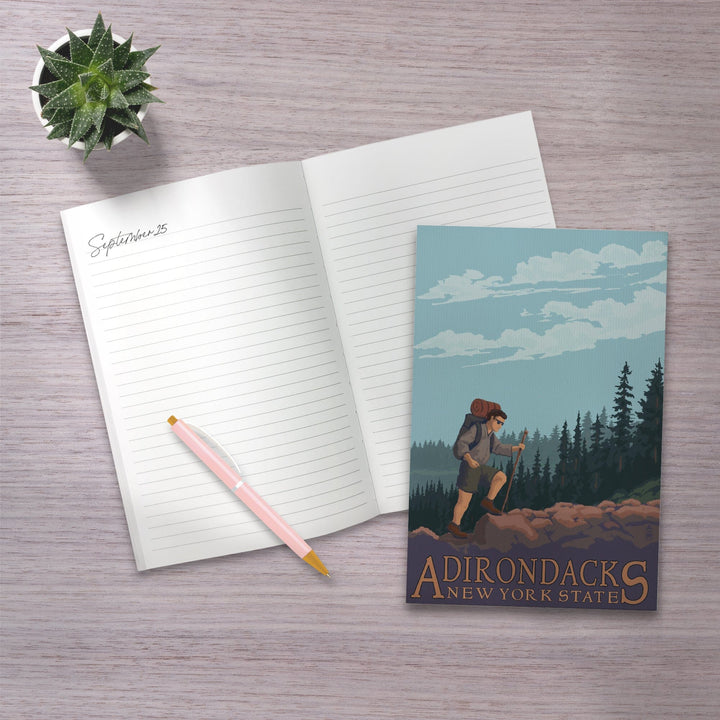 Lined 6x9 Journal, Adirondacks, New York, Hiker on Mountain, Lay Flat, 193 Pages, FSC paper Home Lantern Press