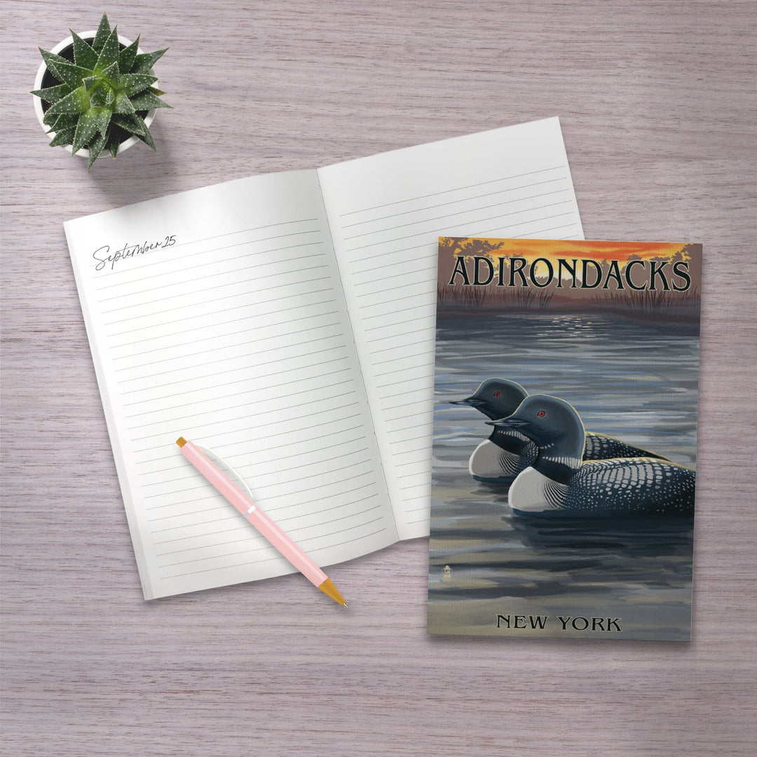 Lined 6x9 Journal, Adirondacks, New York, Loons at Sunset, Lay Flat, 193 Pages, FSC paper Home Lantern Press
