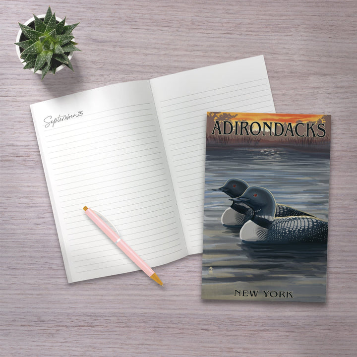 Lined 6x9 Journal, Adirondacks, New York, Loons at Sunset, Lay Flat, 193 Pages, FSC paper Home Lantern Press