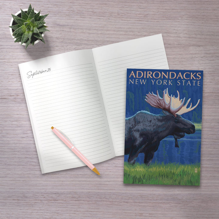 Lined 6x9 Journal, Adirondacks, New York, Moose at Night, Lay Flat, 193 Pages, FSC paper Home Lantern Press