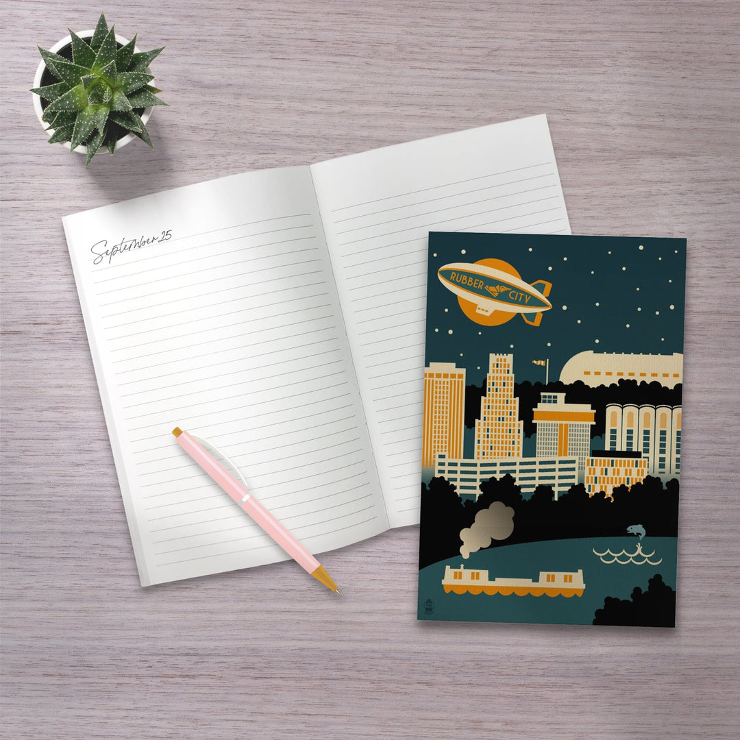 Lined 6x9 Journal, Akron, Ohio, Retro Skyline (no text), Lay Flat, 193 Pages, FSC paper Home Lantern Press