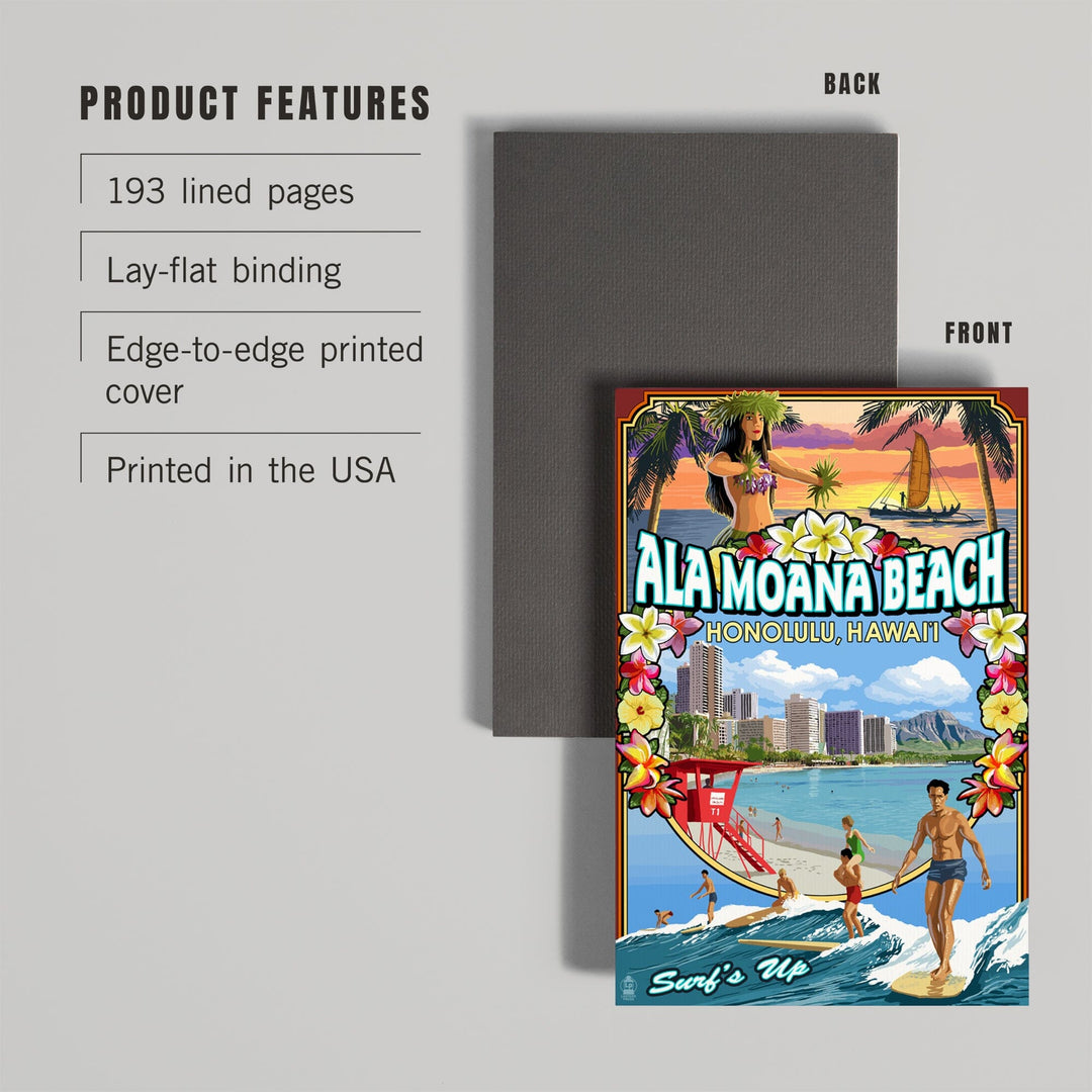 Lined 6x9 Journal, Ala Moana Beach, Honolulu, Hawai'i, Montage Scene, Lay Flat, 193 Pages, FSC paper Home Lantern Press