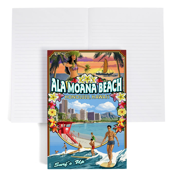 Lined 6x9 Journal, Ala Moana Beach, Honolulu, Hawai'i, Montage Scene, Lay Flat, 193 Pages, FSC paper Home Lantern Press
