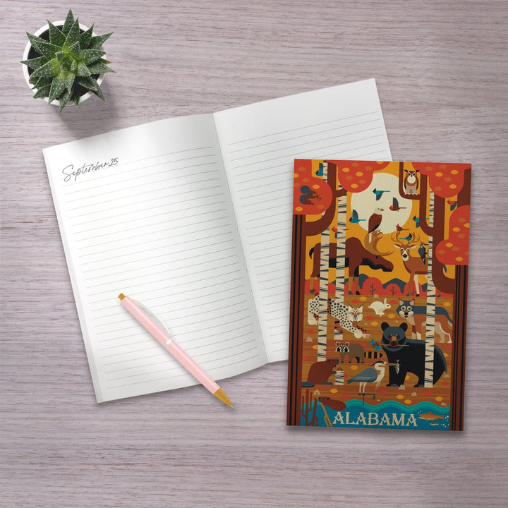 Lined 6x9 Journal, Alabama, Woodland Forest Animals, Fall, Geometric, Lay Flat, 193 Pages, FSC paper Home Lantern Press