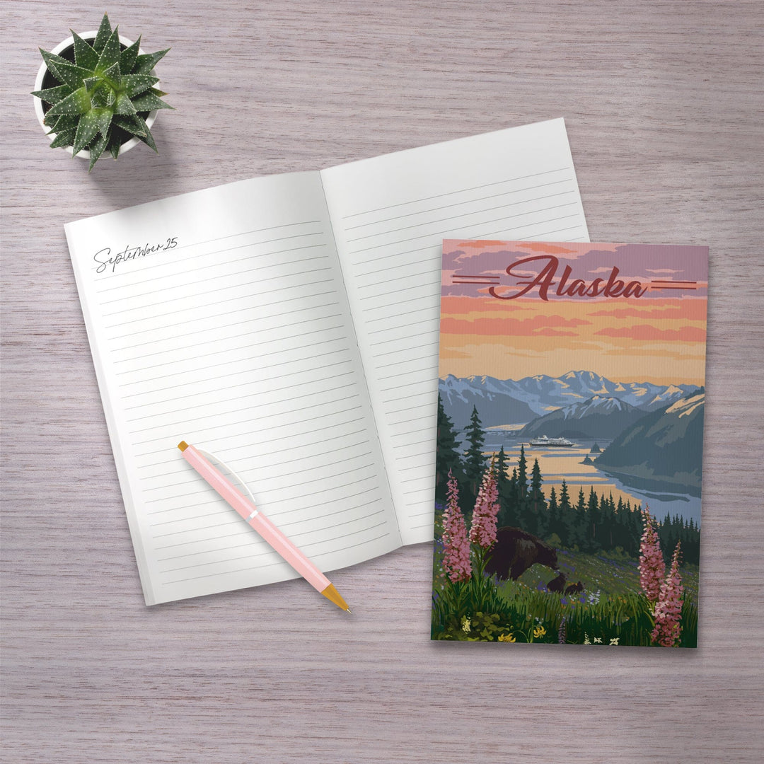 Lined 6x9 Journal, Alaska, Bear and Spring Flowers, Cruise Ship, Lay Flat, 193 Pages, FSC paper Home Lantern Press