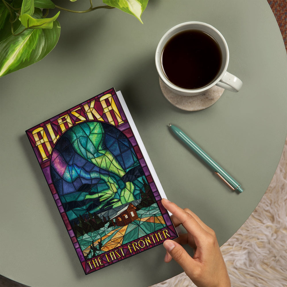 Lined 6x9 Journal, Alaska, Cabin and Northern Lights Stained Glass, Lay Flat, 193 Pages, FSC paper Home Lantern Press