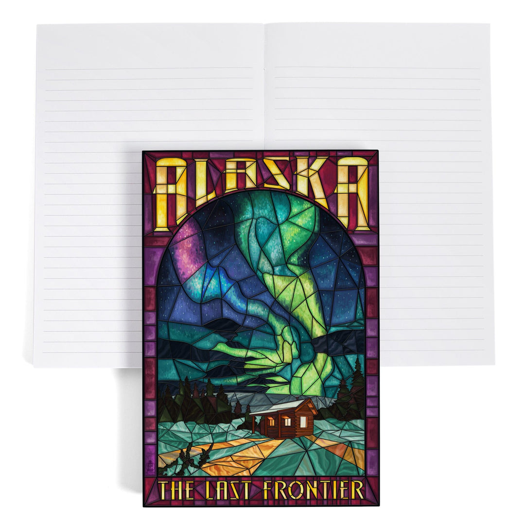 Lined 6x9 Journal, Alaska, Cabin and Northern Lights Stained Glass, Lay Flat, 193 Pages, FSC paper Home Lantern Press