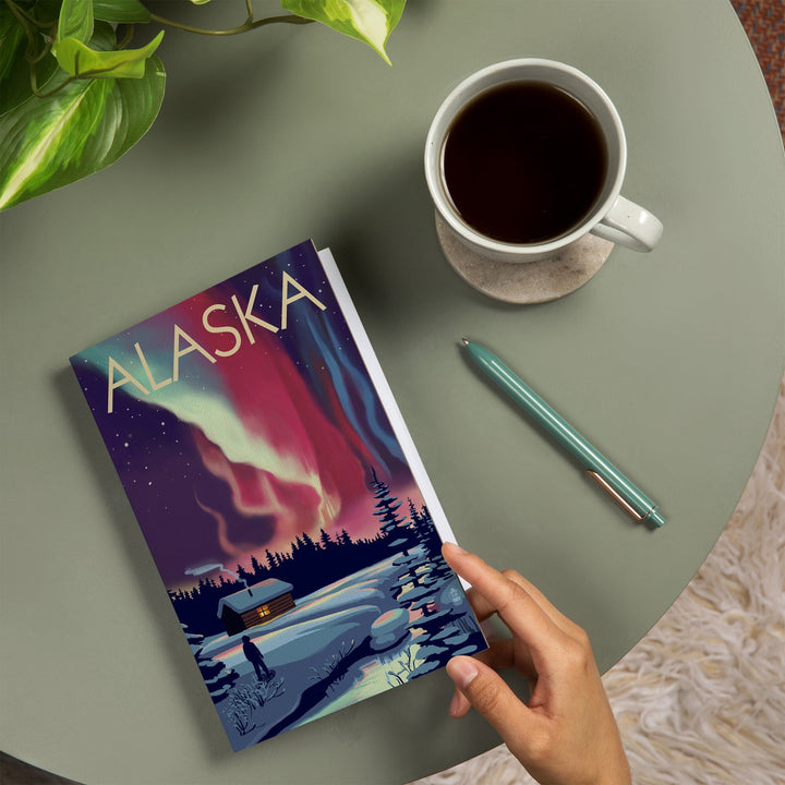 Lined 6x9 Journal, Alaska, Northern Lights and Cabin, Lay Flat, 193 Pages, FSC paper Home Lantern Press