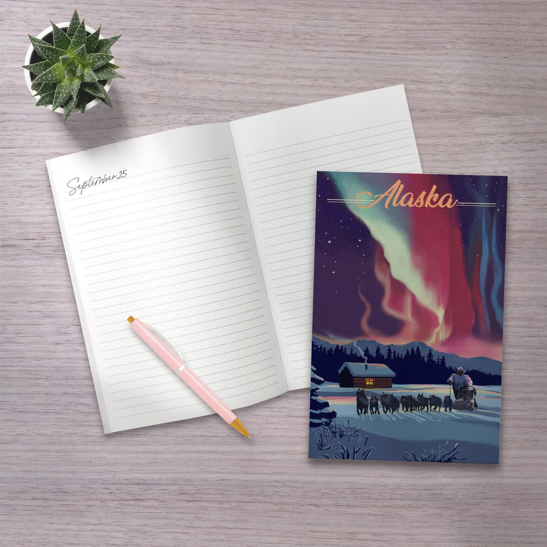 Lined 6x9 Journal, Alaska, Northern Lights and Dogsled, Lay Flat, 193 Pages, FSC paper Home Lantern Press