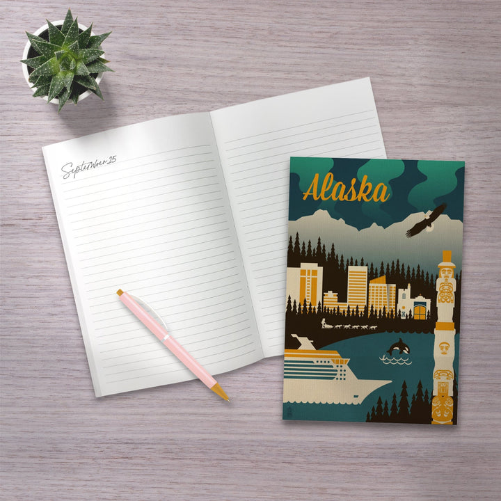Lined 6x9 Journal, Alaska, Retro Skyline, Lay Flat, 193 Pages, FSC paper Home Lantern Press