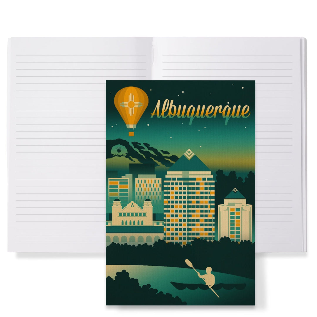 Lined 6x9 Journal, Albuquerque, New Mexico, Retro Skyline Chromatic, Lay Flat, 193 Pages, FSC paper Home Lantern Press