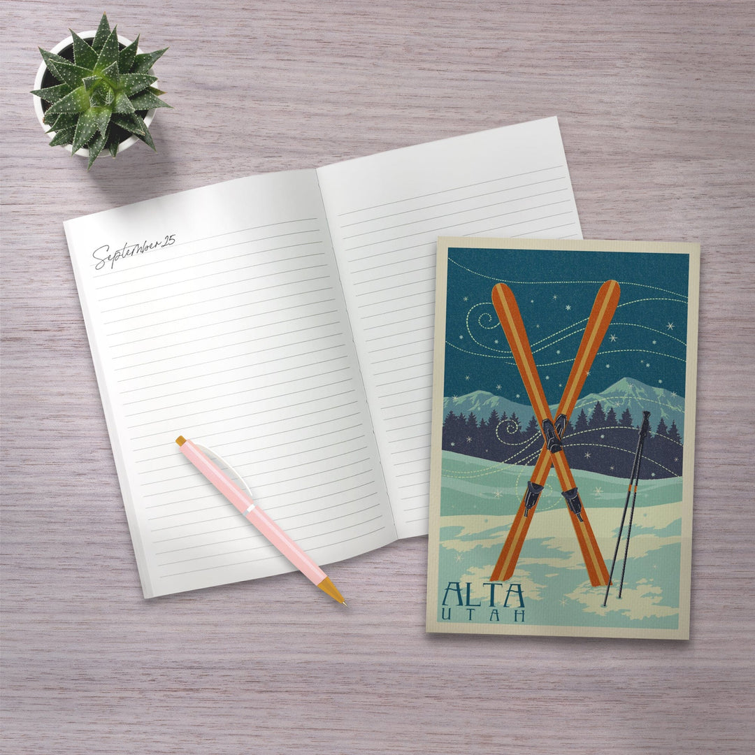 Lined 6x9 Journal, Alta, Utah, Crossed Skis, Letterpress, Lay Flat, 193 Pages, FSC paper Home Lantern Press