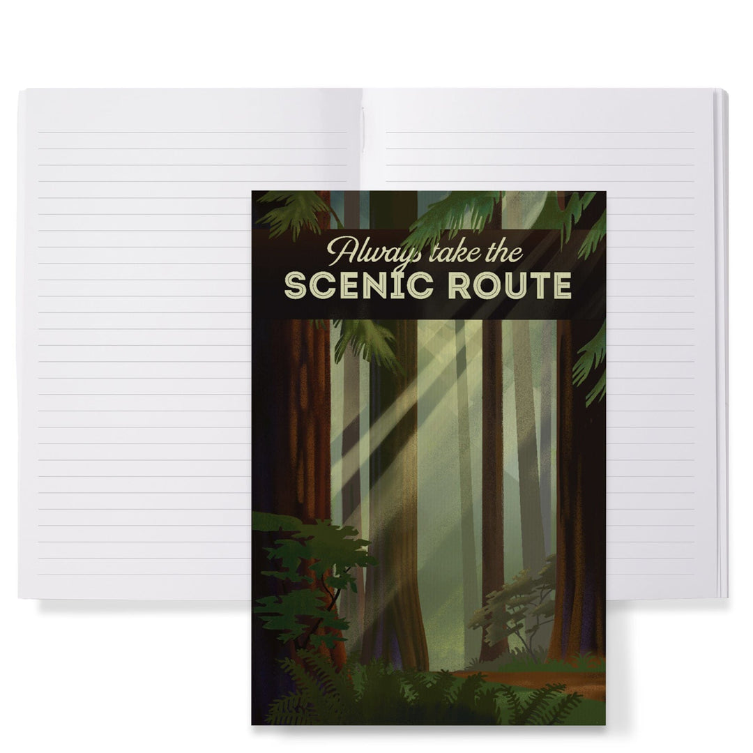 Lined 6x9 Journal, Always Take the Scenic Route, Forest, Geometric Lithograph, Lay Flat, 193 Pages, FSC paper Home Lantern Press