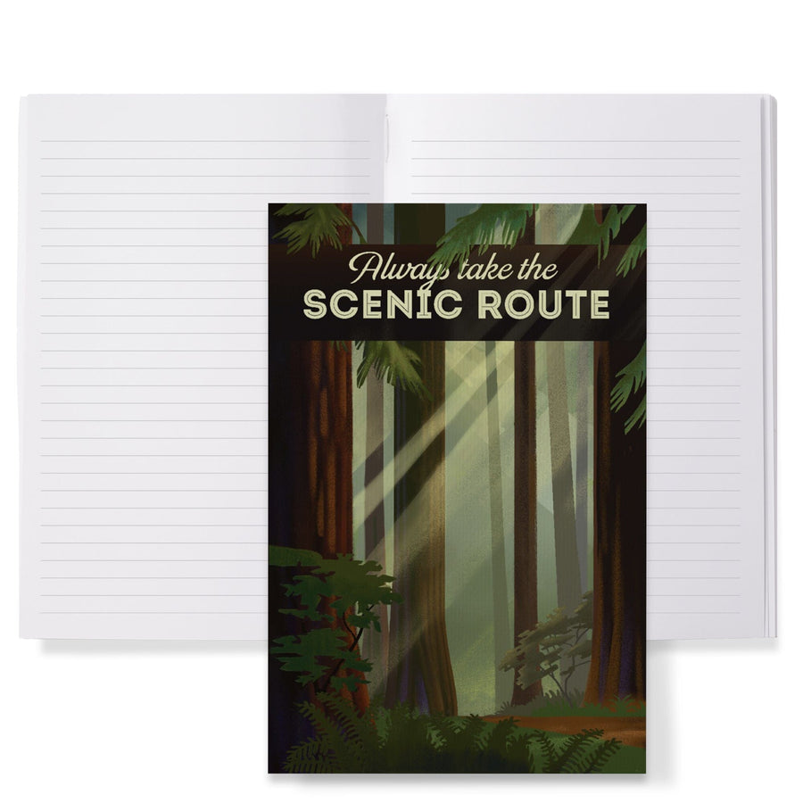 Lined 6x9 Journal, Always Take the Scenic Route, Forest, Geometric Lithograph, Lay Flat, 193 Pages, FSC paper Home Lantern Press