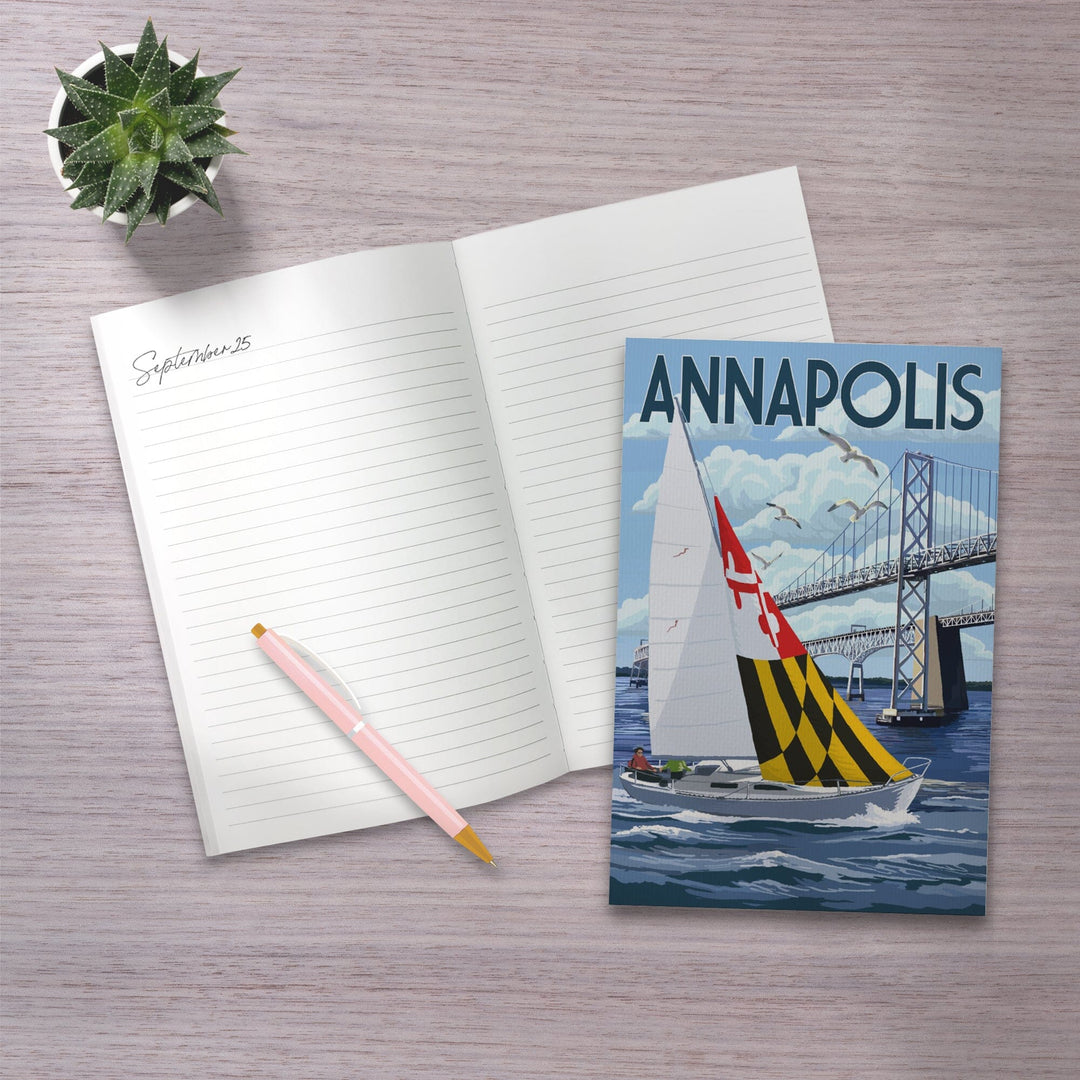 Lined 6x9 Journal, Annapolis, Maryland, Sloop Sailboat and Chesapeake Bay Bridge, Lay Flat, 193 Pages, FSC paper Home Lantern Press
