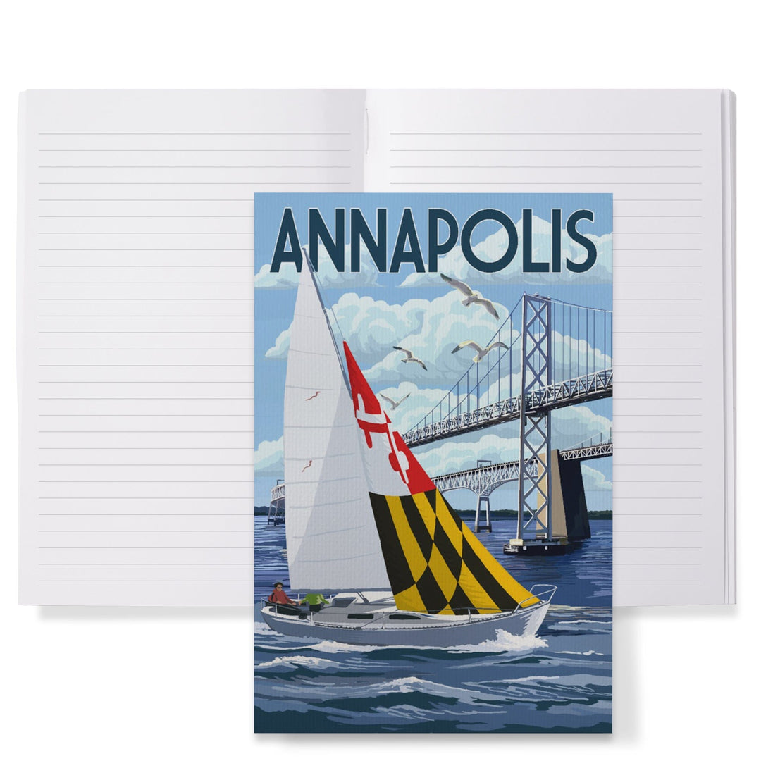Lined 6x9 Journal, Annapolis, Maryland, Sloop Sailboat and Chesapeake Bay Bridge, Lay Flat, 193 Pages, FSC paper Home Lantern Press