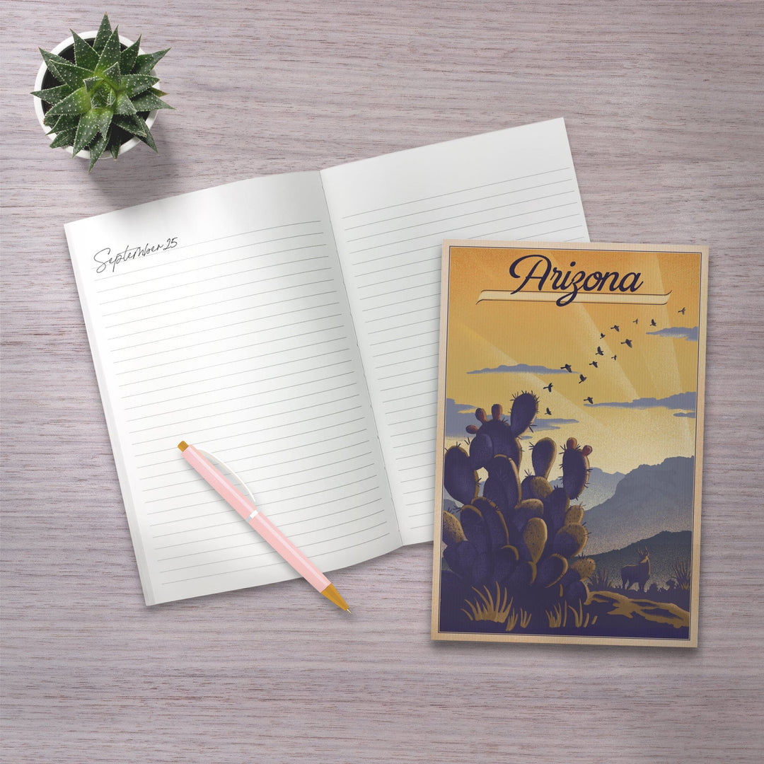 Lined 6x9 Journal, Arizona, Cactus and Desert Scene, Lithograph, Lay Flat, 193 Pages, FSC paper Home Lantern Press
