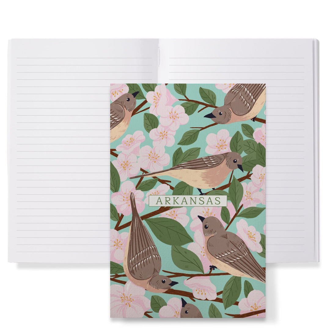 Lined 6x9 Journal, Arkansas, State Bird and Flower Collection, Mockingbird and Apple Blossom, Lay Flat, 193 Pages, FSC paper Home Lantern Press