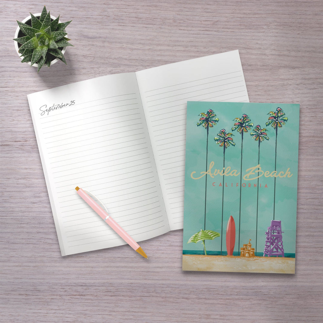 Lined 6x9 Journal, Avila Beach, California, Tall Palms Beach Scene, Lay Flat, 193 Pages, FSC paper Home Lantern Press
