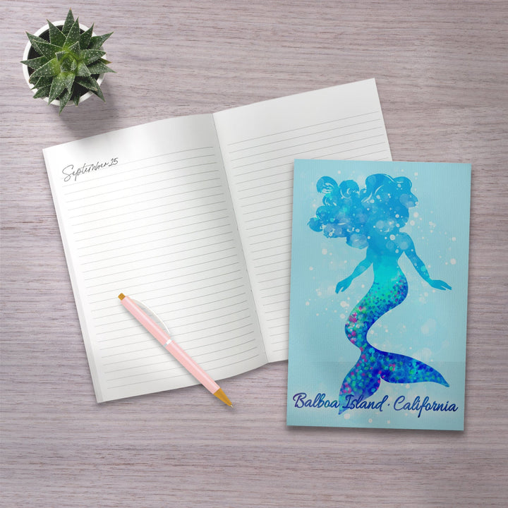 Lined 6x9 Journal, Balboa Island, California, Silhouette Mermaid, Light Blue Background, Lay Flat, 193 Pages, FSC paper Home Lantern Press