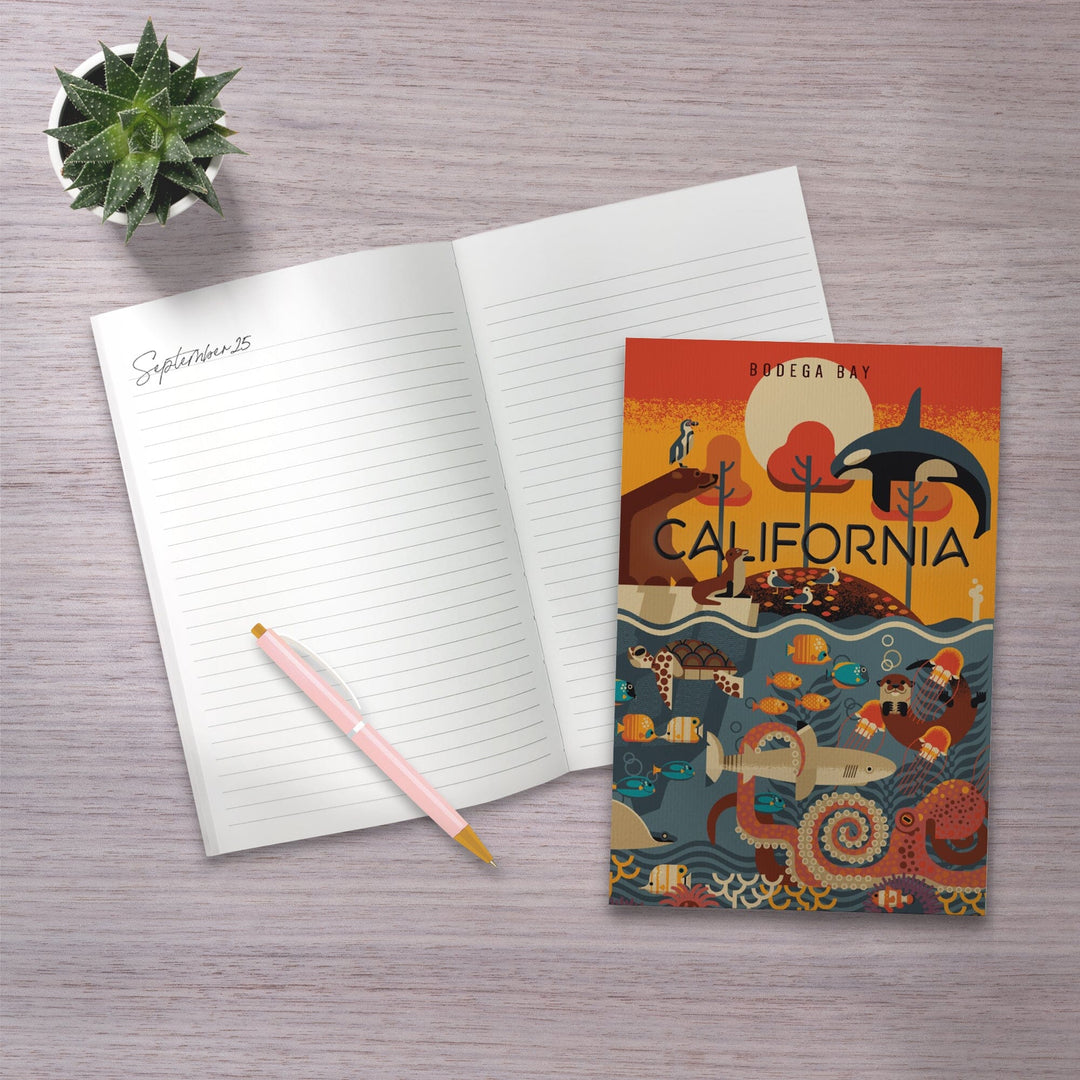 Lined 6x9 Journal, Bodega Bay, California, Marine Animals with Bear, Geometric, Lay Flat, 193 Pages, FSC paper Home Lantern Press