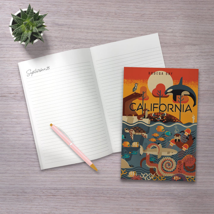 Lined 6x9 Journal, Bodega Bay, California, Marine Animals with Bear, Geometric, Lay Flat, 193 Pages, FSC paper Home Lantern Press