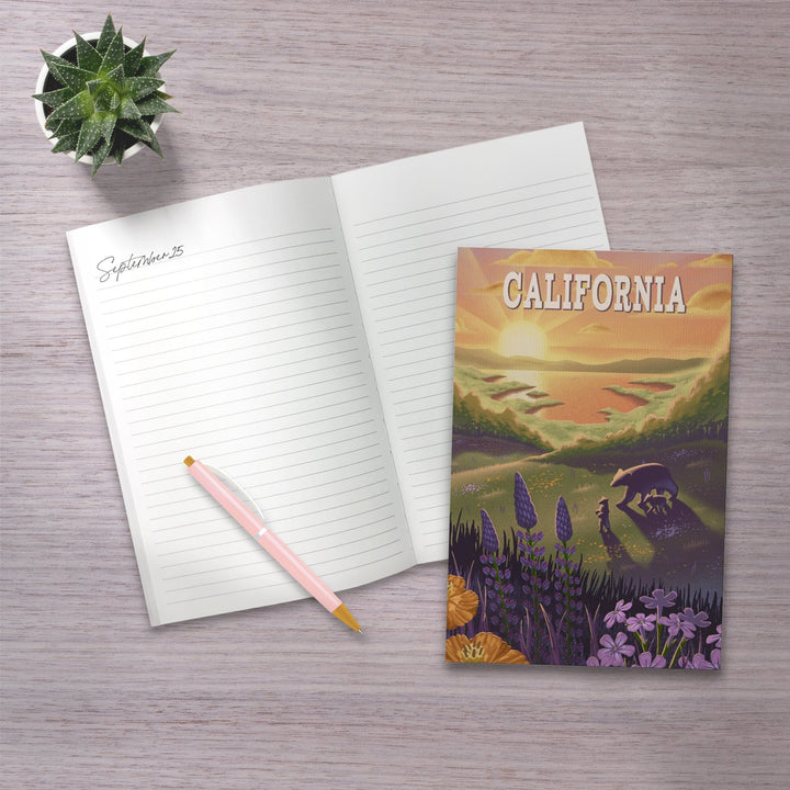 Lined 6x9 Journal, California, Bear and Spring Flowers, Lithograph, Lay Flat, 193 Pages, FSC paper Home Lantern Press