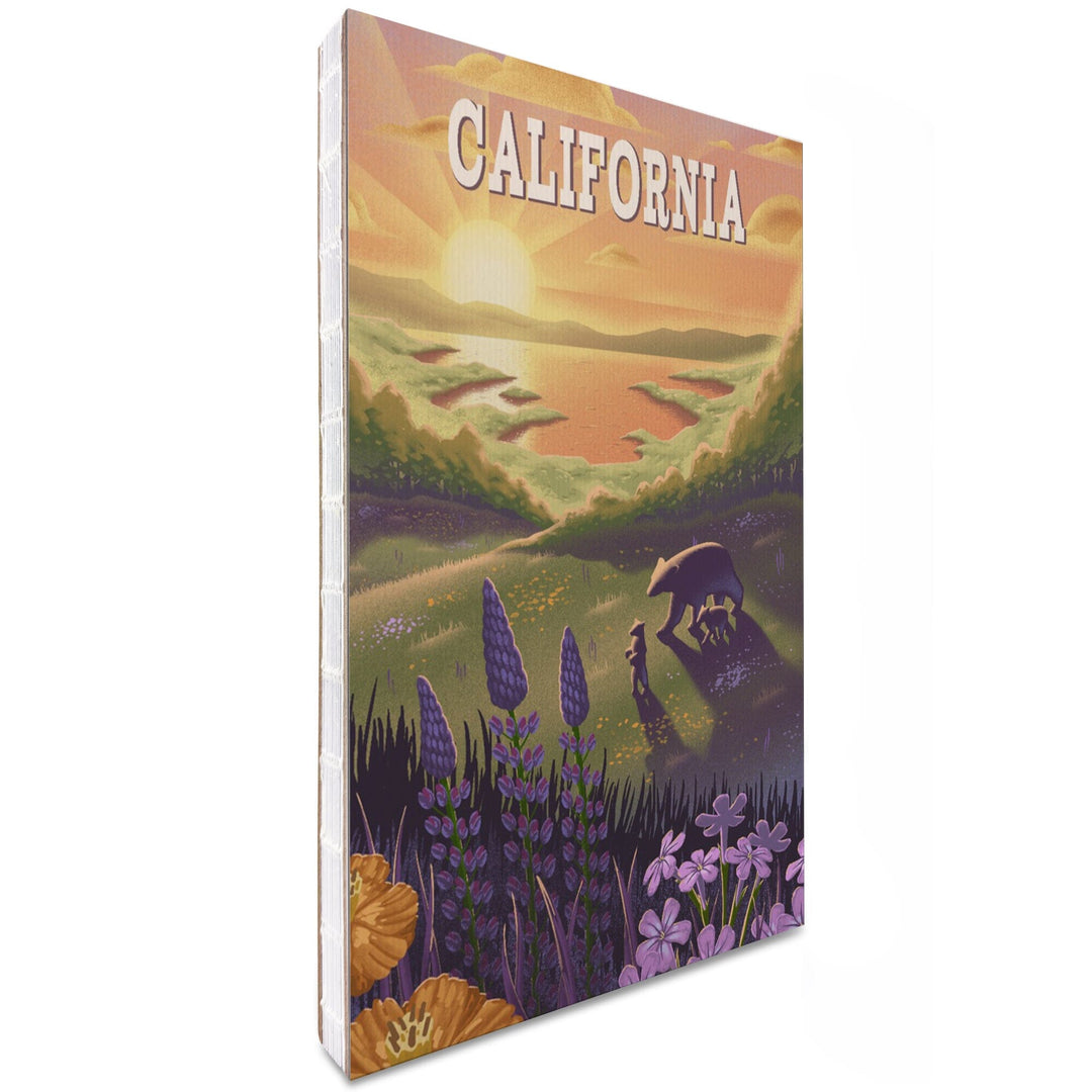 Lined 6x9 Journal, California, Bear and Spring Flowers, Lithograph, Lay Flat, 193 Pages, FSC paper Home Lantern Press