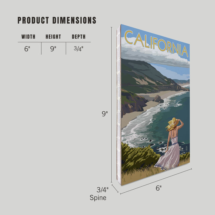 Lined 6x9 Journal, California, Coast Scene, Woman in Hat, Lay Flat, 193 Pages, FSC paper Home Lantern Press