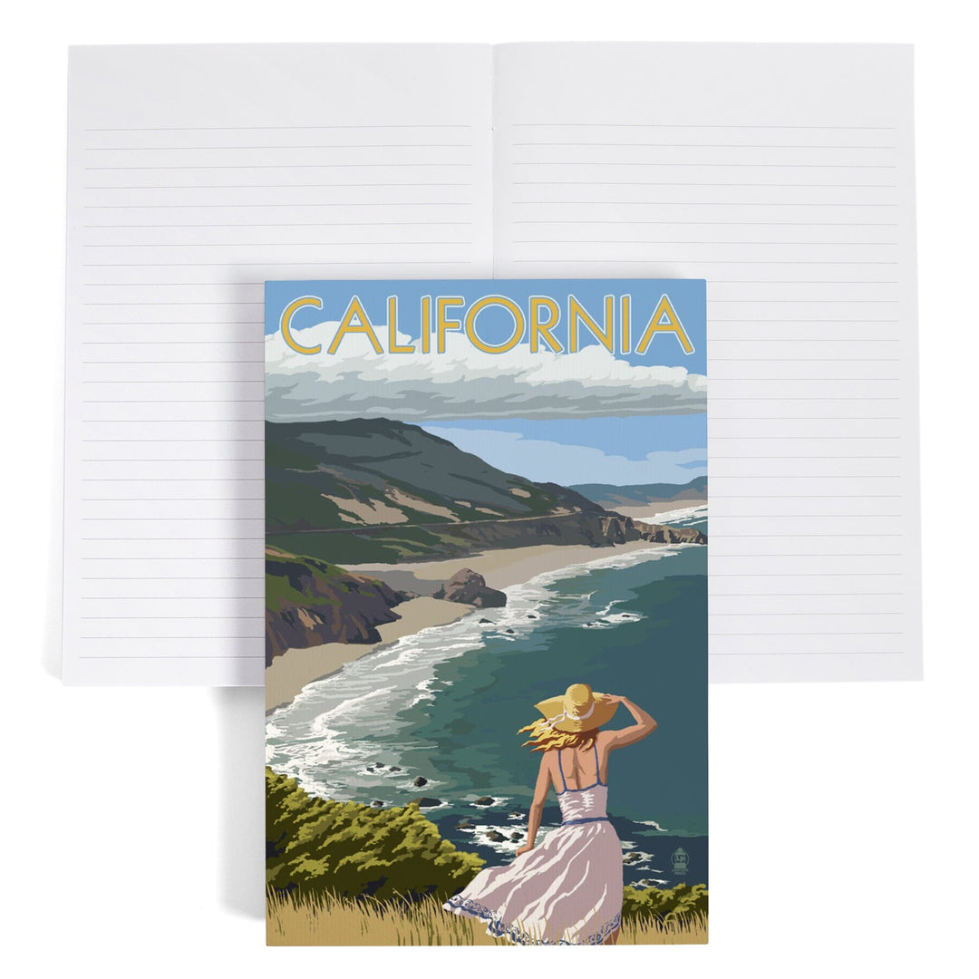 Lined 6x9 Journal, California, Coast Scene, Woman in Hat, Lay Flat, 193 Pages, FSC paper Home Lantern Press