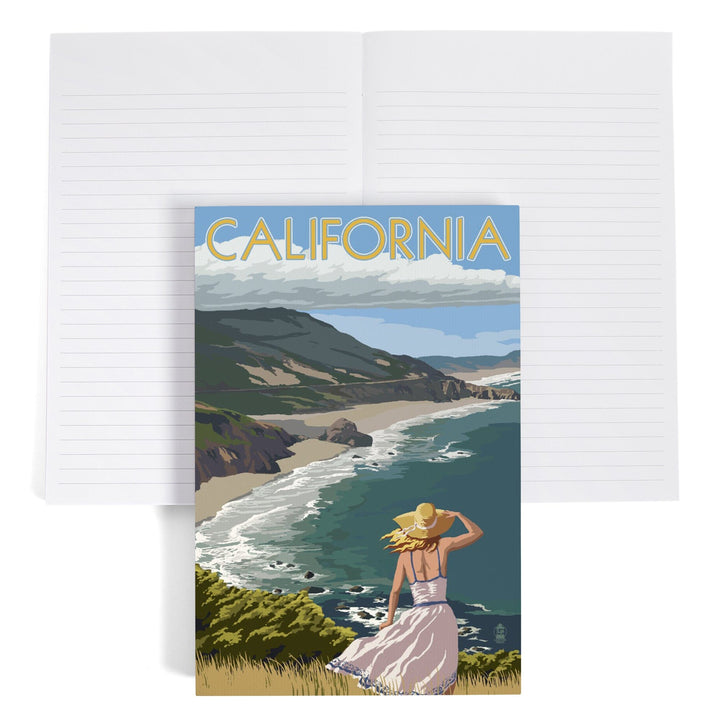 Lined 6x9 Journal, California, Coast Scene, Woman in Hat, Lay Flat, 193 Pages, FSC paper Home Lantern Press