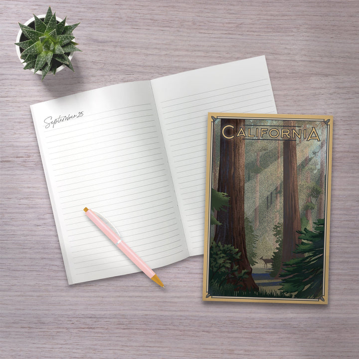 Lined 6x9 Journal, California, Deer in Forest, Lithograph, Lay Flat, 193 Pages, FSC paper Home Lantern Press