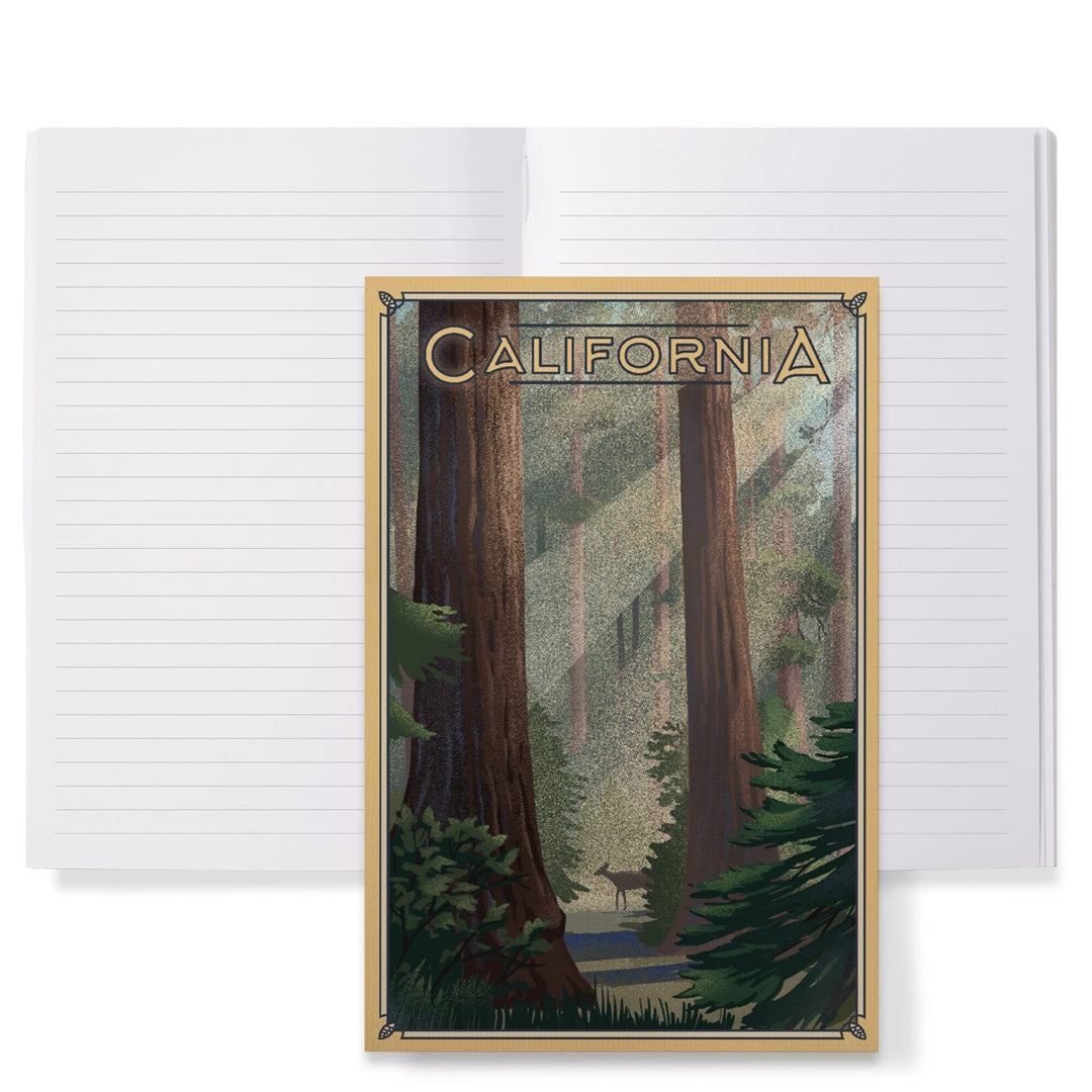 Lined 6x9 Journal, California, Deer in Forest, Lithograph, Lay Flat, 193 Pages, FSC paper Home Lantern Press