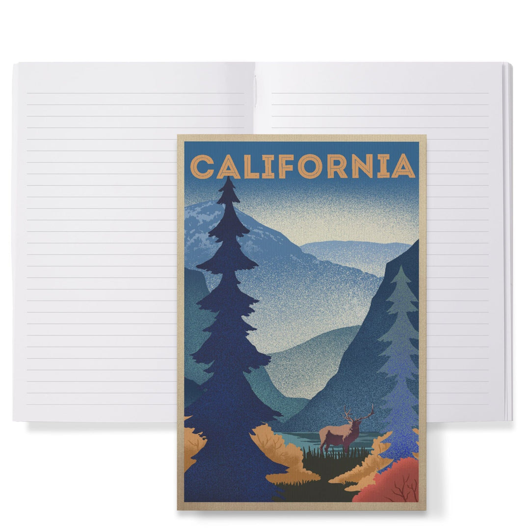 Lined 6x9 Journal, California, Elk and Mountain Scene, Lithograph, Lay Flat, 193 Pages, FSC paper Home Lantern Press