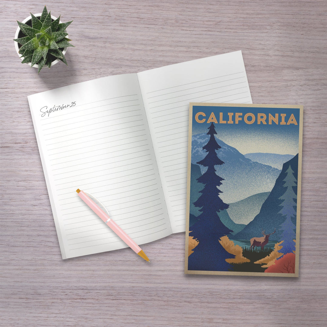Lined 6x9 Journal, California, Elk and Mountain Scene, Lithograph, Lay Flat, 193 Pages, FSC paper Home Lantern Press