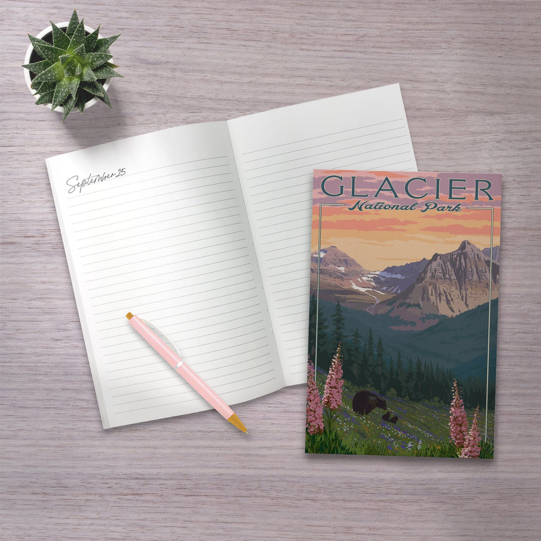 Lined 6x9 Journal, Glacier National Park, Montana, Bear and Spring Flowers, Mountains, Lay Flat, 193 Pages, FSC paper Home Lantern Press