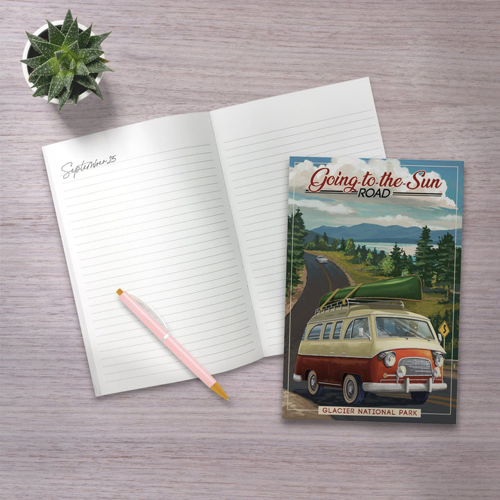 Lined 6x9 Journal, Glacier National Park, Montana, Sun Road, Camper Van and Lake, Lay Flat, 193 Pages, FSC paper Home Lantern Press