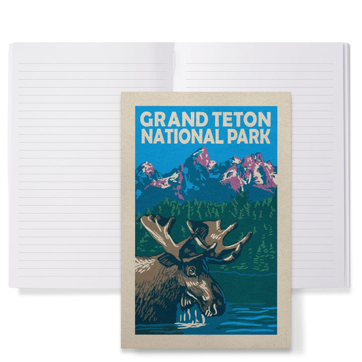 Lined 6x9 Journal, Grand Teton National Park, Moose in Lake, Woodblock, Lay Flat, 193 Pages, FSC paper Home Lantern Press