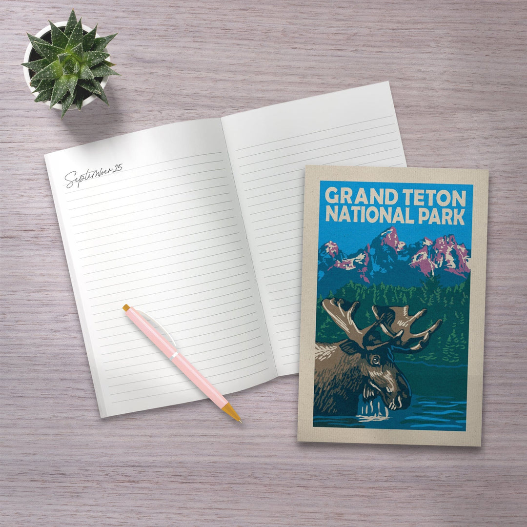 Lined 6x9 Journal, Grand Teton National Park, Moose in Lake, Woodblock, Lay Flat, 193 Pages, FSC paper Home Lantern Press